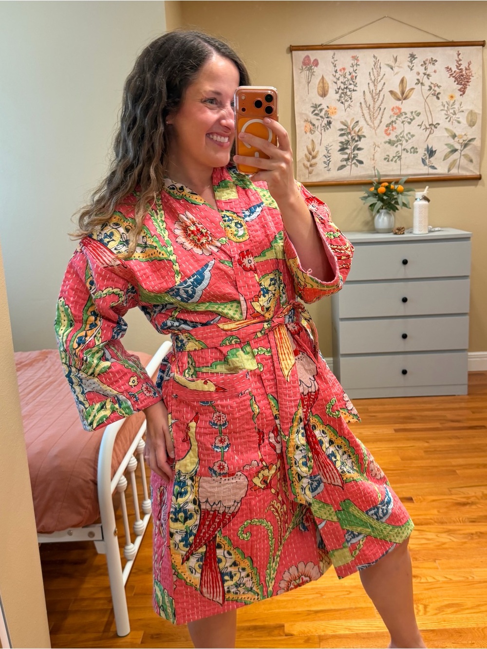 Anthropologie Cotton Quilted Floral Bird Print Robe - Pink OS